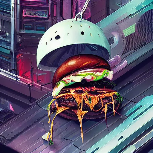 Prompt: cyberpunk, death burger, artstation