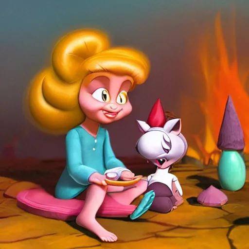 Prompt: full body portrait of Esmerelda (Tiny Toons (1990)) sitting around a campfire telling stories with her friends, in style Goro Fujita, 3D, UE5, ultra high textures, dark vignette, burning embers, nostalgic, muted colors, desaturated, volumetric, slightly drunk, candy rush, autochrome, tranquil, starry night, marshmallows, s'mores, highly detailed, busy, 4K, 8K, HQ