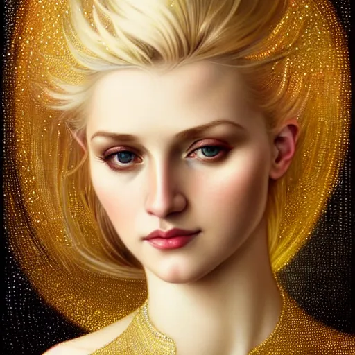 Prompt: portrait of a blonde girl surrounded by shimmering reflective gems, face, fantasy, intricate, elegant, dramatic lighting, highly detailed, lifelike, photorealistic, digital painting, artstation, concept art, smooth, sharp focus, illustration, art by John Collier and Krenz Cushart and Artem Demura and Alphonse Mucha and and Albert Aublet