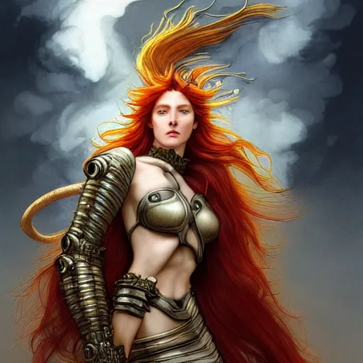 Prompt: a beautiful young fire wizard with fire red hair, freckles. wearing armor inspired by giger with an exposed midriff, standing on a mountain top with epic clouds and volumetric lighting. intricate illustration and highly detailed digital painting. concept art by artgerm. inspired by alphonse mucha, brom art, and larry elmore.