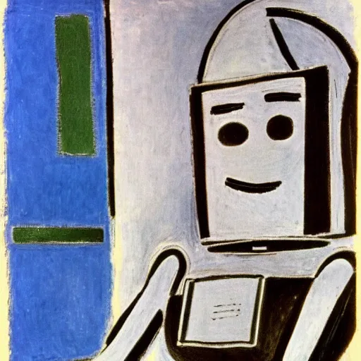 Image similar to a robot reading a book by henri matisse