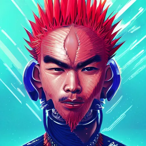 Image similar to portrait painting of a maori street samurai with spiky red hair, cyberpunk, glitchwave, sharp focus, award - winning, trending on artstation, masterpiece, art by josan gonzales and moebius