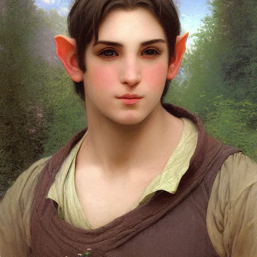 Prompt: detailed portrait painting of a male elf by William-Adolphe Bouguereau, Thomas Kinkade and Ted Nasmith, deviantart, RPG portrait, fantasy portrait