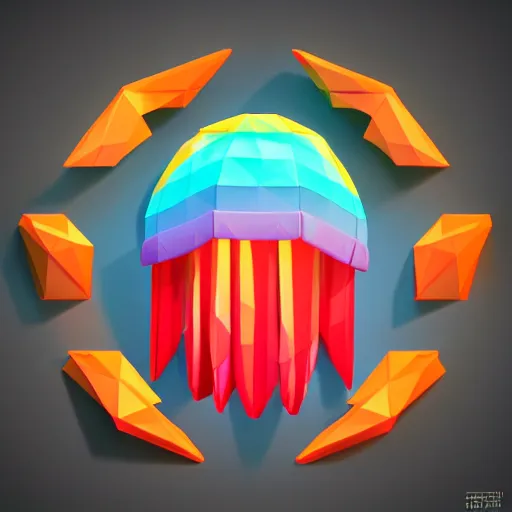 Prompt: isometric vector low poly rainbow jellyfish icon, low poly fragments surrounding it, black background, cgsociety, volumetric lighting, artstationhq