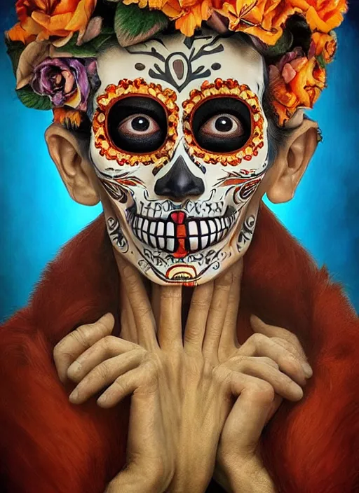 Image similar to dia de los muertos theme surrealist art in the styles of igor morski, jim warren, and saner, intricate, hyperrealistic, accurate facial details, profile picture with chromakey!!!!! background, volumetric lighting