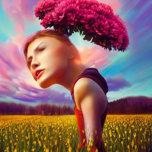 Image similar to girl with a singular flower for a head, surreal photography, dream, standing in flower field, magical, in a valley, sunrise dramatic light, impressionist painting, colorful clouds, artstation, simon stalenhag, flower face