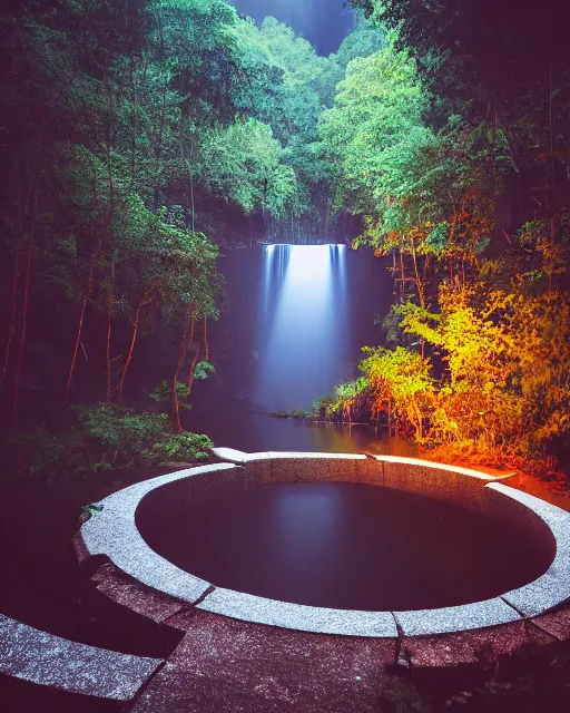 Prompt: a magical dam in the middle of a lush forest at night, minimalist design, architectural photography, dark and dim lighting, beautiful, tranquil, moody, cinematic, fantasy, 3 5 mm lens, volumetric lighting, first person view, photographic render, hyper realistic