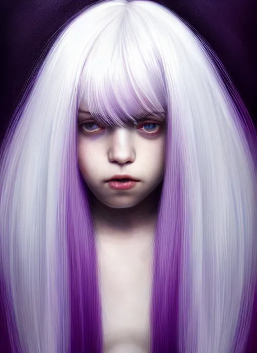 Image similar to hair whitebangs hair, black hair, whitebangs, portrait of teenage girl with white bangs, red irises, purple clothes, white bangs, bangs are different color from hair, intricate, elegant, glowing lights, highly detailed, digital painting, artstation, concept art, smooth, sharp focus, illustration, art by wlop, mars ravelo and greg rutkowski