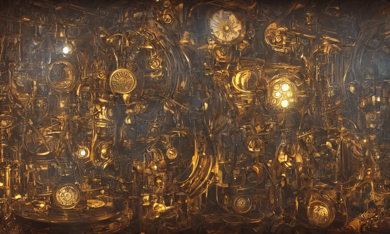 Image similar to steampunk engine laboratory 3 d volume kaleidoscope chakra digital color stylized concept substance natural color scheme, global illumination ray tracing hdr fanart arstation by sung choi and eric pfeiffer and gabriel garza and casper konefal