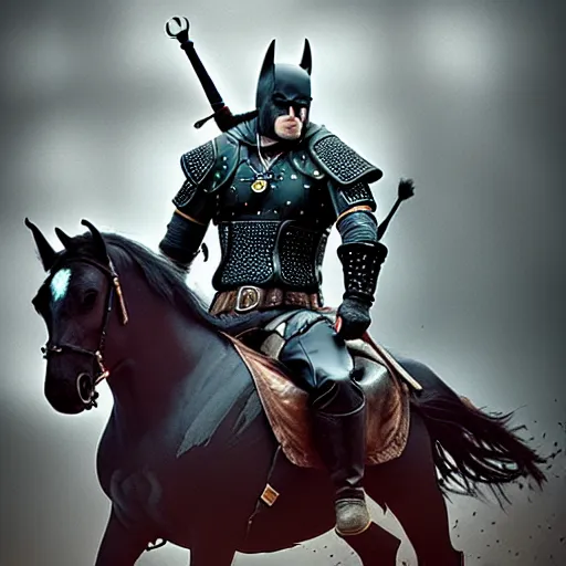 Prompt: a witcher + batman riding horse together, batman at back, witcher riding, depressed, vibrant, life changing, dramatic, cinematic lighting, digital art, ultra sharp, extreme details, sinful and petty by gerald brom and zadislaw beksinksi and giger