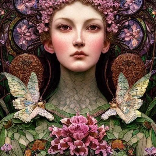 Image similar to absolutely beautiful empress, intricate, elegant, hyper detailed, finely detailed beautiful angelic symmetry face delicate, smooth, sharp focus, award - winning, masterpiece, in bloom greenhouse, shining light came in through the window, style of tom bagshaw, cedric peyravernay, peter mohrbacher, louis comfort tiffany, victo ngai, 4 k hd illustrative wallpaper