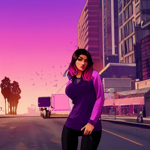 Image similar to a stunning GTA V loading screen with a beautiful woman with ombre hairstyle in purple and pink blowing in the wind, city streets, golden ratio, digital art, trending on artstation