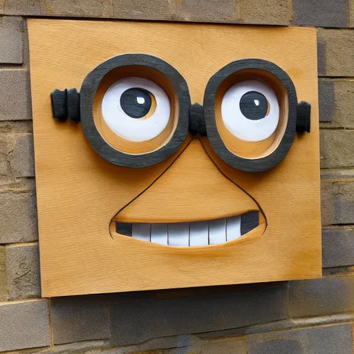 Prompt: huge minion sculpted out of oak wood, photograph