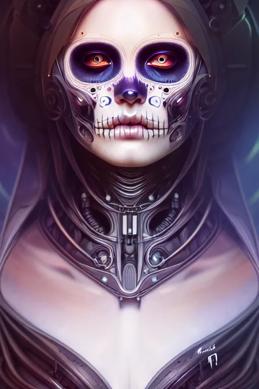 Prompt: ultra detailed portrait of a female android, eyes closed, sci - fi, moody, calm, ( dia de los muertos ), asymmetrical, intricate concept art, art by artgerm and giger and michael welan and alphonse mucha and loish and wlop