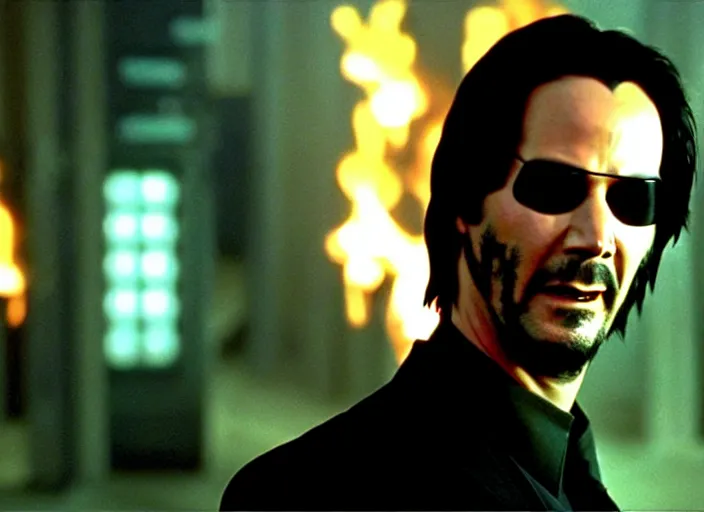 Image similar to Movie still of Keanu Reeves as Neo in The Matrix movie doing a thumb up to the camera in front on burning servers, servers in flames in the background, doing a thumb up, The Matrix servers on fire, Keanu Reeves thumb up, Neo thumb up, doing a thumb up, thumb up, uncropped, full body, crispy, symmetrical face, ultra detailed, cinematic, thumb up, double thumb up to the camera