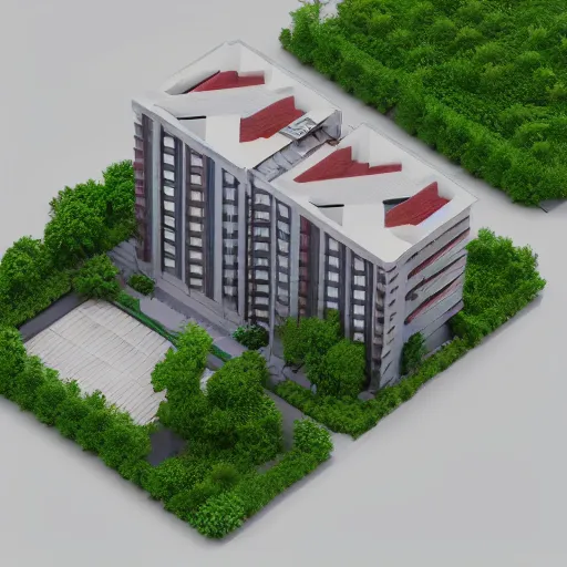 Prompt: isometric view of a aparment building, 3d render,octane