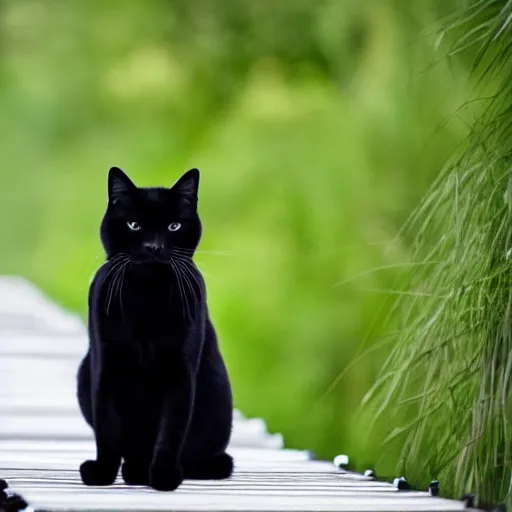 Image similar to a beautiful photo of a black cat posing on a catwalk