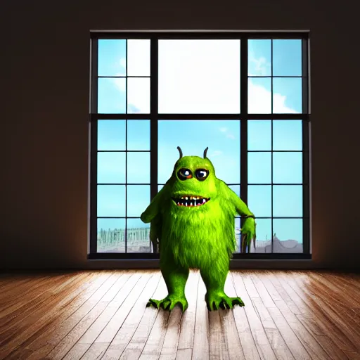 Image similar to photography, 3 d render, monster, window