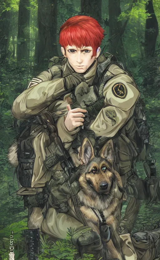 Prompt: close up character portrait icon of the german shepard military uniform head animal person wearing clothes standing in the bright forest, hidari, color page, tankoban, 4 k, tone mapping, akihiko yoshida