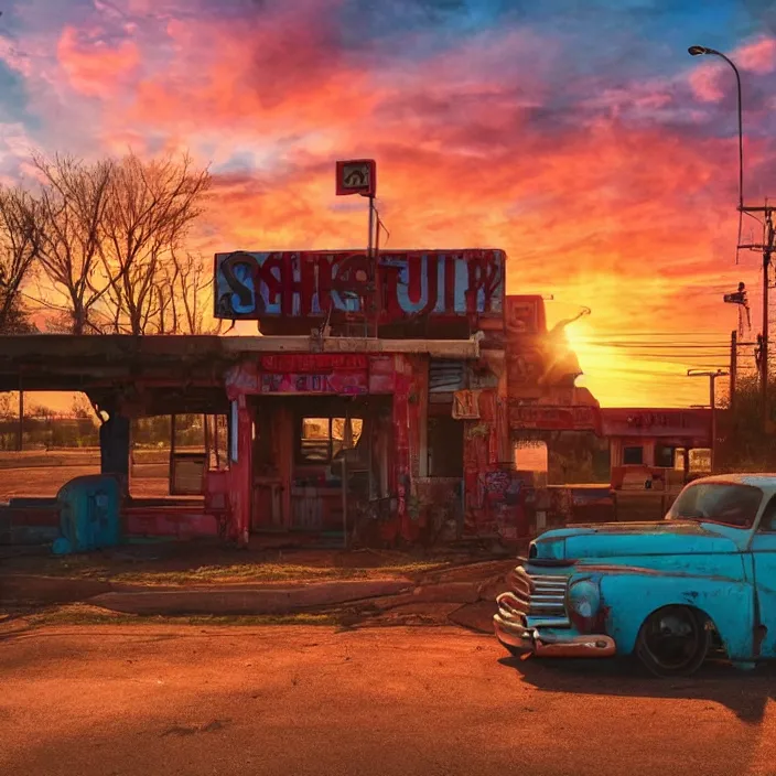 Image similar to a sunset light landscape with historical route 6 6, lots of sparkling details and sun ray ’ s, blinding backlight, smoke, volumetric lighting, colorful, octane, 3 5 mm, abandoned gas station, old rusty pickup - truck, beautiful epic colored reflections, very colorful heavenly, softlight