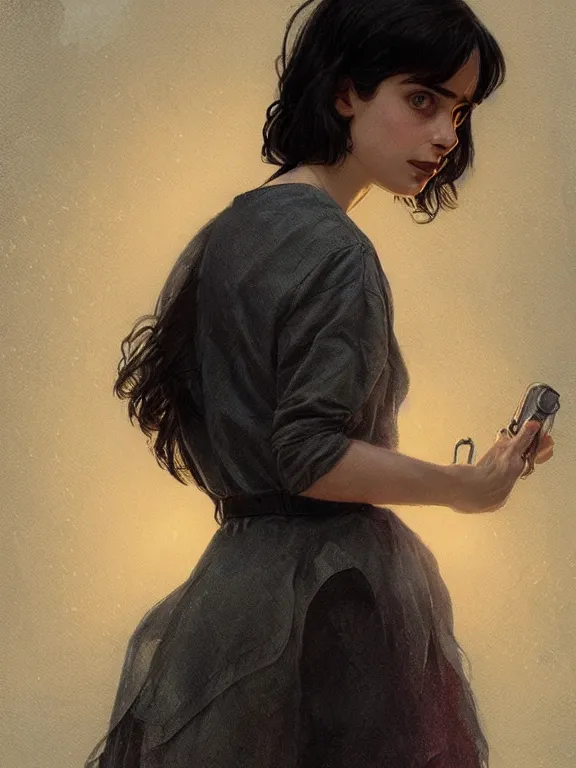 Image similar to young krysten ritter as nancy wheeler from stranger things,, intricate, highly detailed, digital painting, artstation, oppressive lighting, fashion concept art, sharp focus, illustration, art by greg rutkowski and alphonse mucha