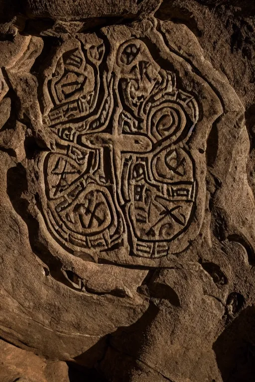 Prompt: 4 k photography of petroglyphs representing crosses, ufo and alien symbols on a cave