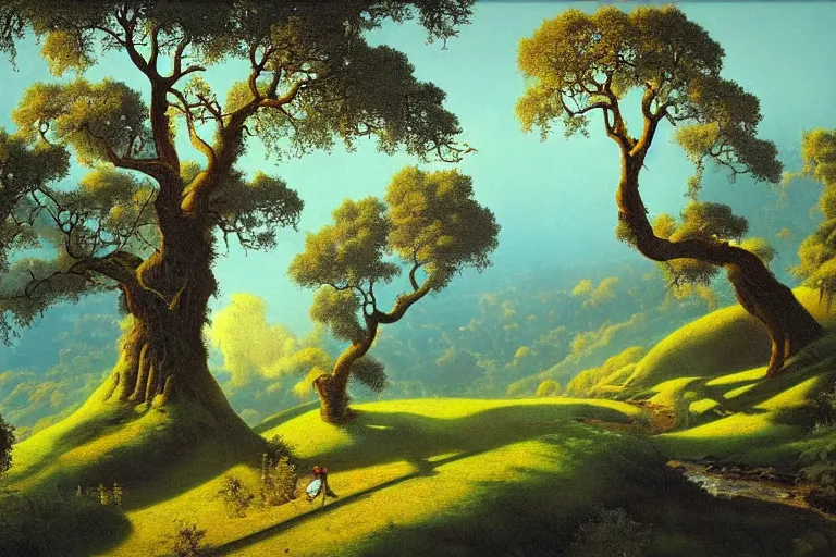 Image similar to masterpiece painting of oak trees on a hillside overlooking a creek, dramatic lighting, by michael hutter