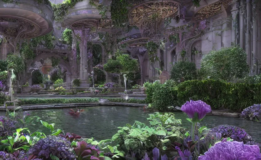 Image similar to A beautiful garden, next to a fountain and a mystical palace, hyperrealistic mixed media, stunning 3d render inspired art by P. Craig Russell and Barry Windsor-Smith + perfect facial symmetry + dim volumetric lighting, 8k octane beautifully detailed render, post-processing, extremely hyperdetailed, intricate futuristic mechanic parts, epic composition, grim yet sparkling atmosphere, cinematic lighting + masterpiece, trending on artstation