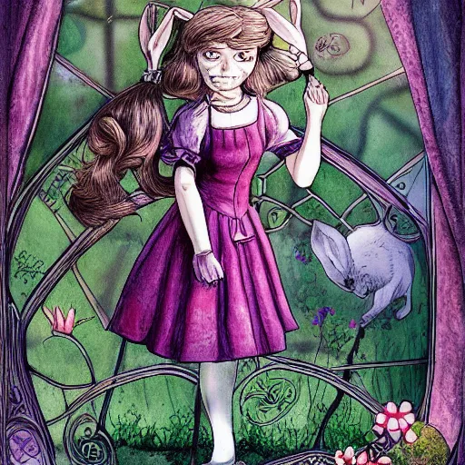 Prompt: Alice and the rabbit not looking through the glass, highly detailed, digital art. award winning.