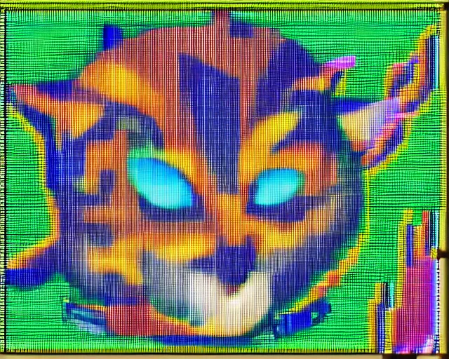 Image similar to catz, 9 0 s computer game by pf magic, cat made of pixel spheres, raster graphics playpen, 2 5 6 colors, windows 3. 1