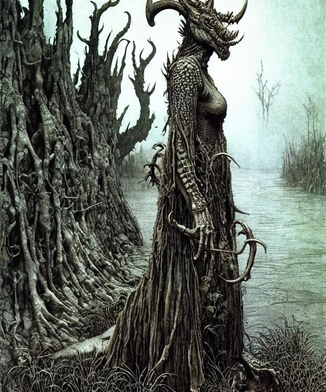 Prompt: A detailed horned crocodilewoman stands near the swamp. Wearing a ripped mantle, robe. Perfect faces, extremely high details, realistic, fantasy art, solo, masterpiece, art by Zdzisław Beksiński, Arthur Rackham, Dariusz Zawadzki