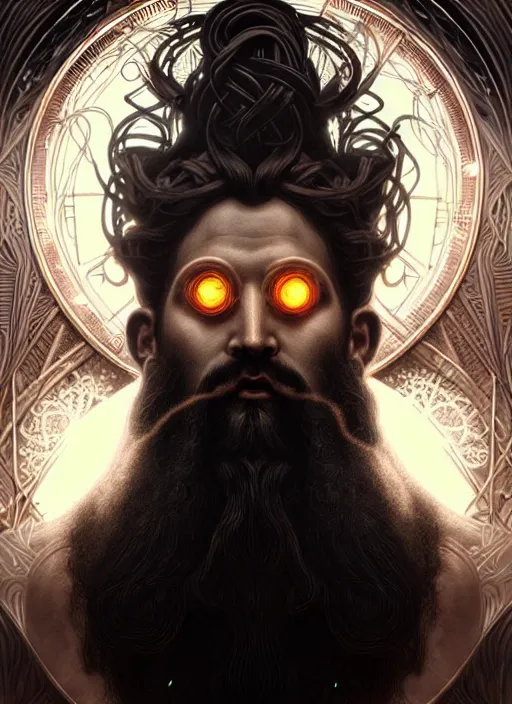 Prompt: furious god zeus, wavy black hair, bushy beard, glowing eyes, thunder forehead tattoo, volumetric lights, rose gold scheme, art nouveau botanicals, gothic, intricate, highly detailed, digital painting, artstation, concept art, smooth, sharp focus, symmetric face, illustration, steampunk, art by artgerm and greg rutkowski and alphonse mucha