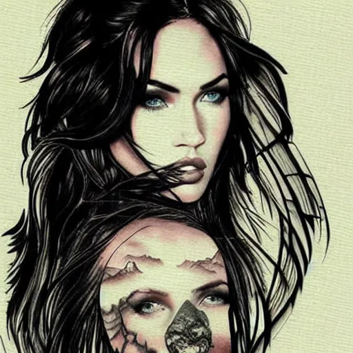 Image similar to tattoo design sketch of megan fox mash up effect with beautiful mountain scenery, in the style of matteo pasqualin, amazing detail