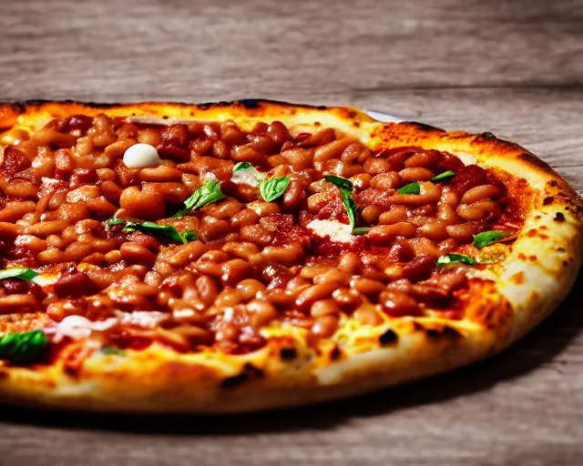 Prompt: dslr food photograph of a mouthwatering pizza with baked beans and egg on, 8 5 mm f 1. 4