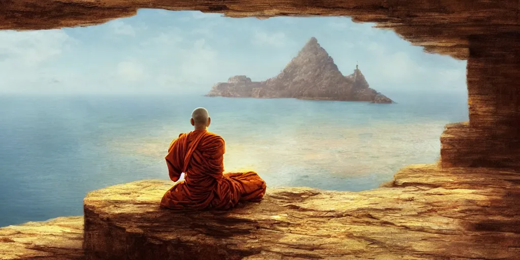 Prompt: a monk sits on the cliff ledge in the lotus position looking out onto a vast ocean, by Marc Simonetti
