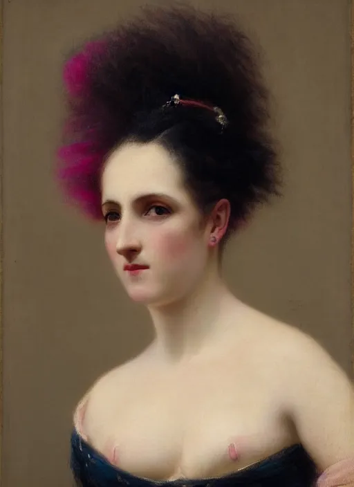 Image similar to a detailed portrait of woman with a mohawk by edouard bisson, year 1 8 5 0, pink hair, punk rock, looking at the camera, oil painting, muted colours, soft lighting