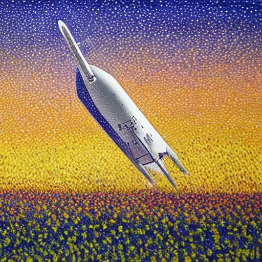 Prompt: spacex starship rocket landing in a field of flowers at sunset, pointillism painting