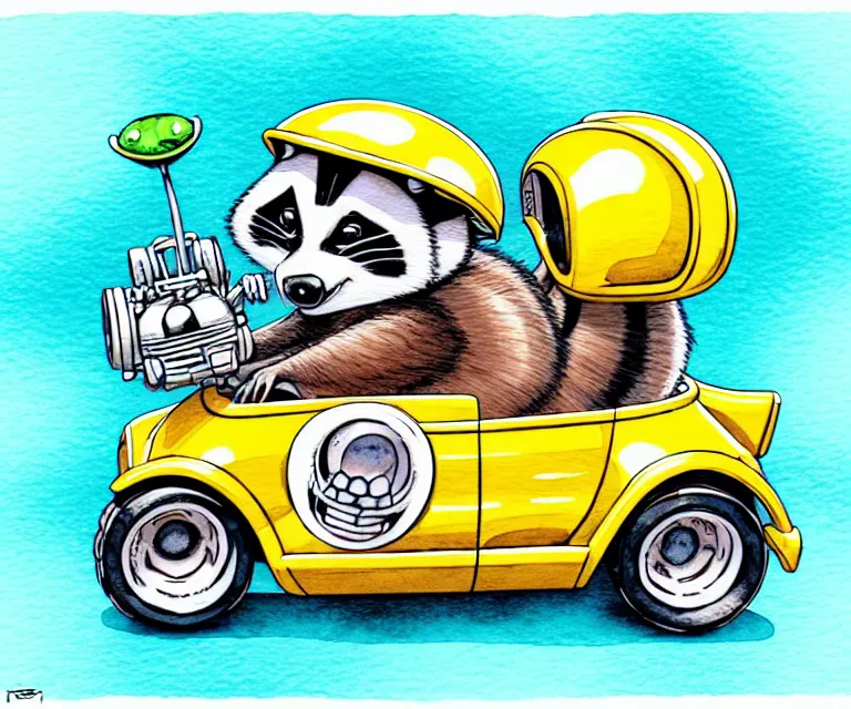 Image similar to cute and funny, baby racoon wearing a helmet riding in a tiny hot rod with oversized engine, ratfink style by ed roth, centered award winning watercolor pen illustration, isometric illustration by chihiro iwasaki, edited by range murata, tiny details by artgerm and watercolor girl, symmetrically isometrically centered