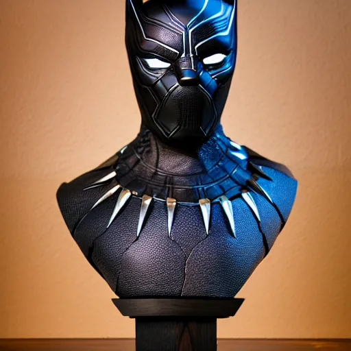 Image similar to a completely made of wood, real - world sculpture bust of the black panther marvel character, made of highly polished walnut wood, polished, cedar, polished tiger - wood. photograph, photographic, 3 5 mm