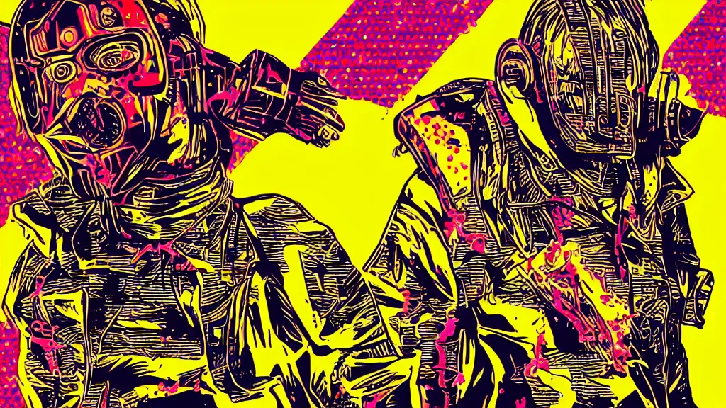 Image similar to hotline miami futuristic japanese cyberpunk by roy lichtenstein, by andy warhol, ben - day dots, pop art, bladerunner, pixiv contest winner, cyberpunk style, cyberpunk color scheme, mechanical, high resolution, hd, intricate detail, fine detail, 8 k