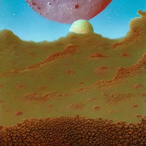 Image similar to a landscape on the moon with many craters, barren moon landscape, in a big crater at the center there is a beautiful flowering garden, 8 k, lowbrow in the style of martin johnson heade, roger dean, mark ryden and daniel merriam,