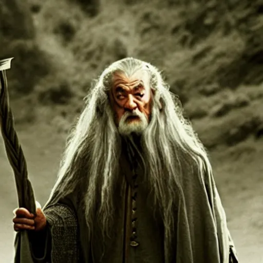 Image similar to a still from “ lord of the rings ” of a head and shoulders portrait of fei lung as a gandalf the wizard with a hat and a wooden staff, photo by phil noto