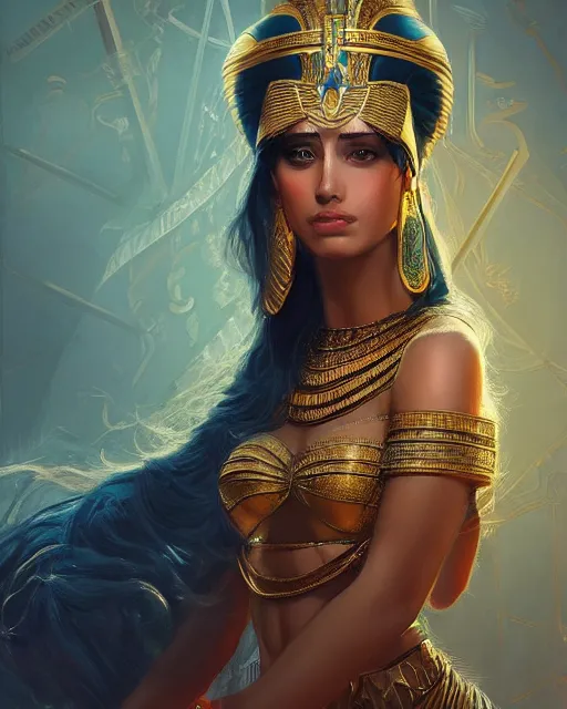 Image similar to Jessica Kahawaty as a beautiful egyptian princess, gorgeous, portrait, Symmetrical, powerful, intricate, beautiful, masterpiece, elegant, volumetric lighting, dramatic lighting, highly detailed, artstation, sharp focus, no cropping, illustration, Artgerm, Jean-Léon Gérôme , ruan jia