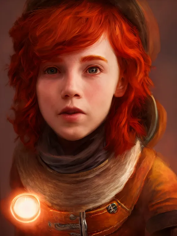 Image similar to portrait art of red - haired halfling bard 1 9 year old, 8 k ultra realistic, lens flare, atmosphere, glow, detailed, intricate, full of colour, cinematic lighting, trending on artstation, 4 k, hyperrealistic, focused, extreme details, unreal engine 5, cinematic, masterpiece