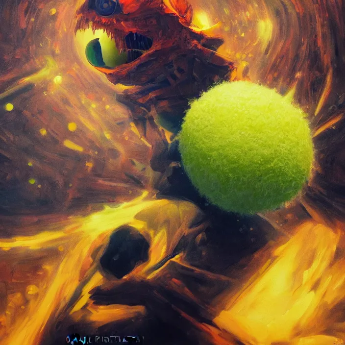 Image similar to cinematic portrait of a tennis ball monster in the abyss of space, oil on canvas, masterpiece, trending on artstation, featured on pixiv, cinematic composition, dramatic pose, beautiful lighting, sharp details, hyper-detailed, HD, HDR, 4K, 8K, art by Basil Gogos