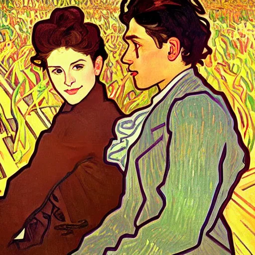 Image similar to painting of handsome young delicate beautiful jeffrey in his 2 0 s with brown hair and gorgeous rina together at the pumpkin patch in october, elegant, clear, painting, stylized, art, art by alphonse mucha, vincent van gogh, egon schiele