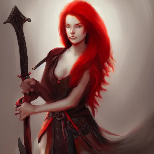 Image similar to a painting of a woman with red hair holding a sword, a digital painting by Yun-Fei Ji, deviantart contest winner, fantasy art, detailed painting, artstation hd, concept art