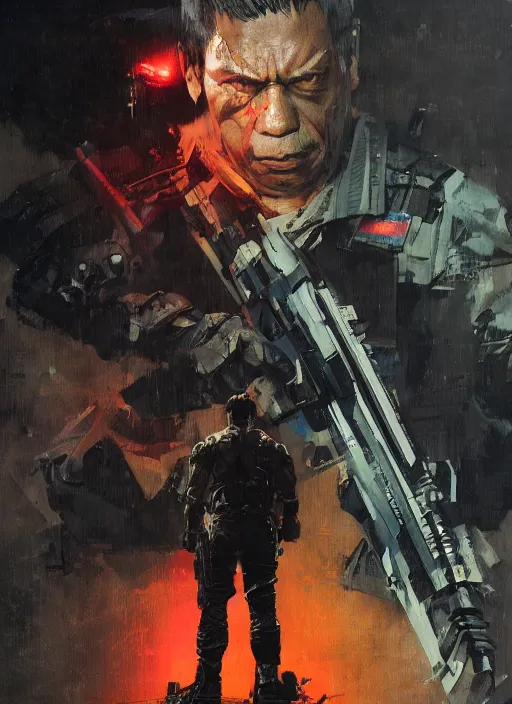 Image similar to Rodrigo Duterte wearing metal gear armor holding a shotgun dramatic lighting art by Yoji Shinkawa by Richard Schmid by greg rutkowski by Sandra Chevrier by Jeremy Lipking cinematic dramatic