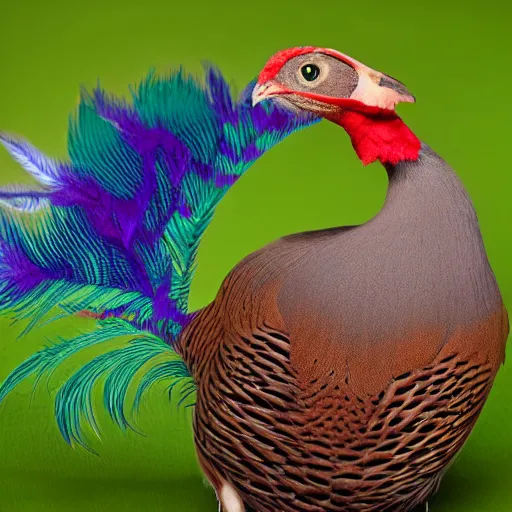 Prompt: A picture of a cute pet cat with long pheasant feathers on the body. The feathers are green and purple. award winning, stunning, 8k