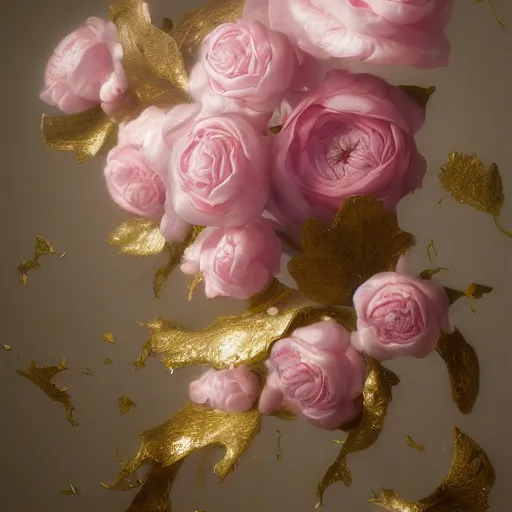 Image similar to 8k, octane render, realism, tonalism, renaissance, rococo, baroque, renaissance art studio, pale pink flowers, gold leaf flowers